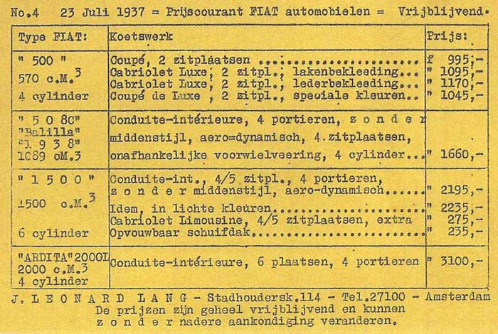 Prijslijst Fiat 1937