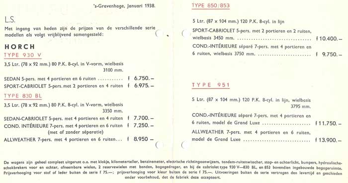 prijslijst HORCH 1938