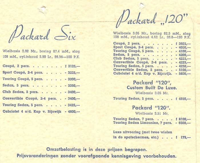 prijslijst PACKARD 1937