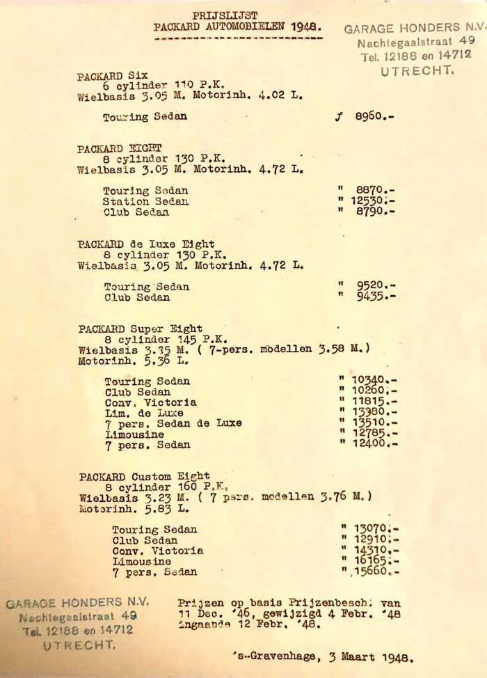 prijslijst Packard 1948