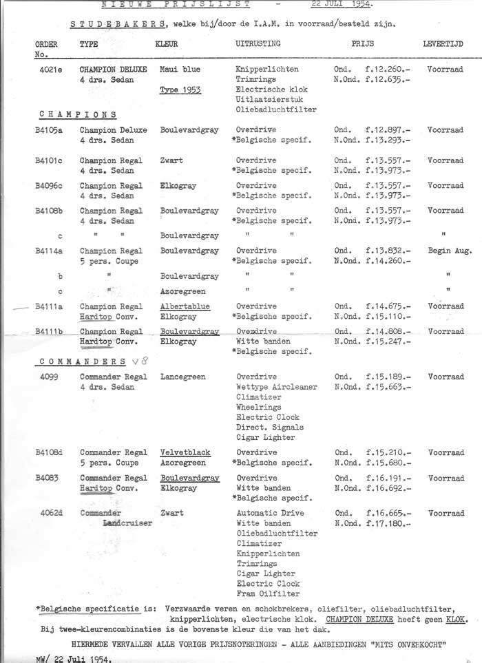 prijslijst Studebaker 1954